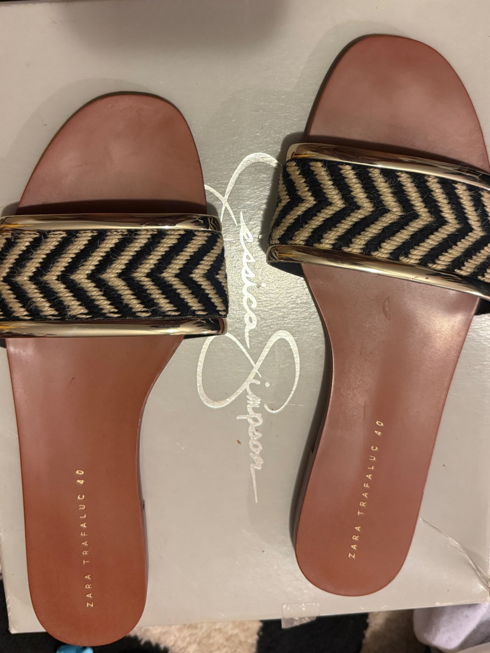 ZARA Woven Chevron Strap Slide Sandals - Black & Cream